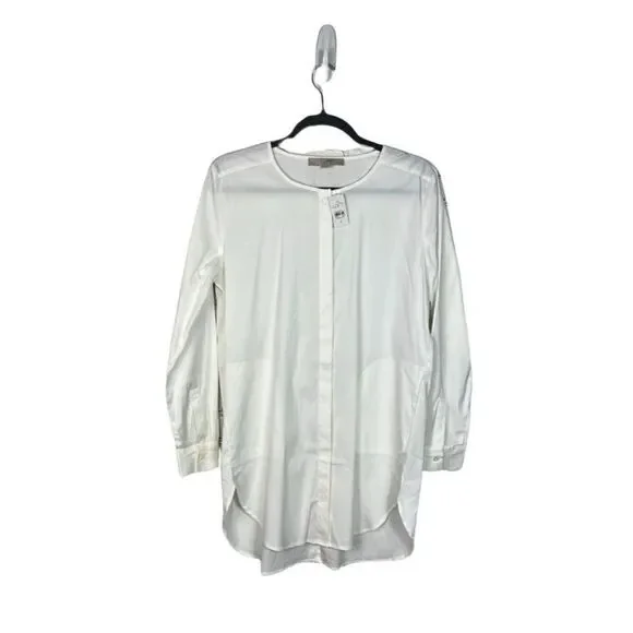 Ann Taylor Loft Tunic Top Long Sleeve Button Up Pockets White Size Medium - Picture 1 of 8